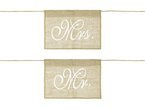 Zawieszki ślubne z juty na krzesło z białym napisem Mr i Mrs 2 sztuki