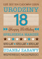 Kartka z życzeniami na 18 urodziny Napisy Eko 18x13cm