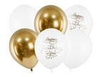 Balony lateksowe Happy Birthday biało złote 6szt