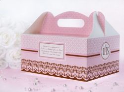 Ozdobne pudełko na ciasto komunijne różowe Komunia